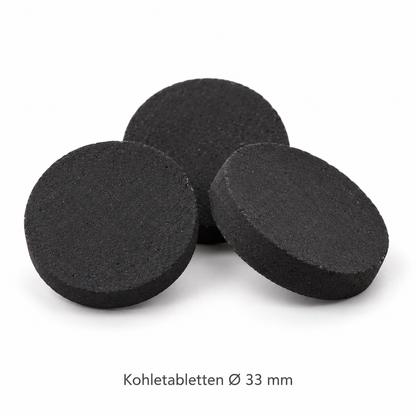 Detail der runden H2 Räucherkohletabletten mit 33 mm Durchmesser