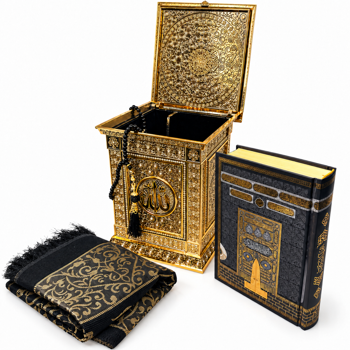 Koran-Geschenkset mit goldfarbener Truhe, Koran, gefaltetem Gebetsteppich und Tesbih in schräger Ansicht