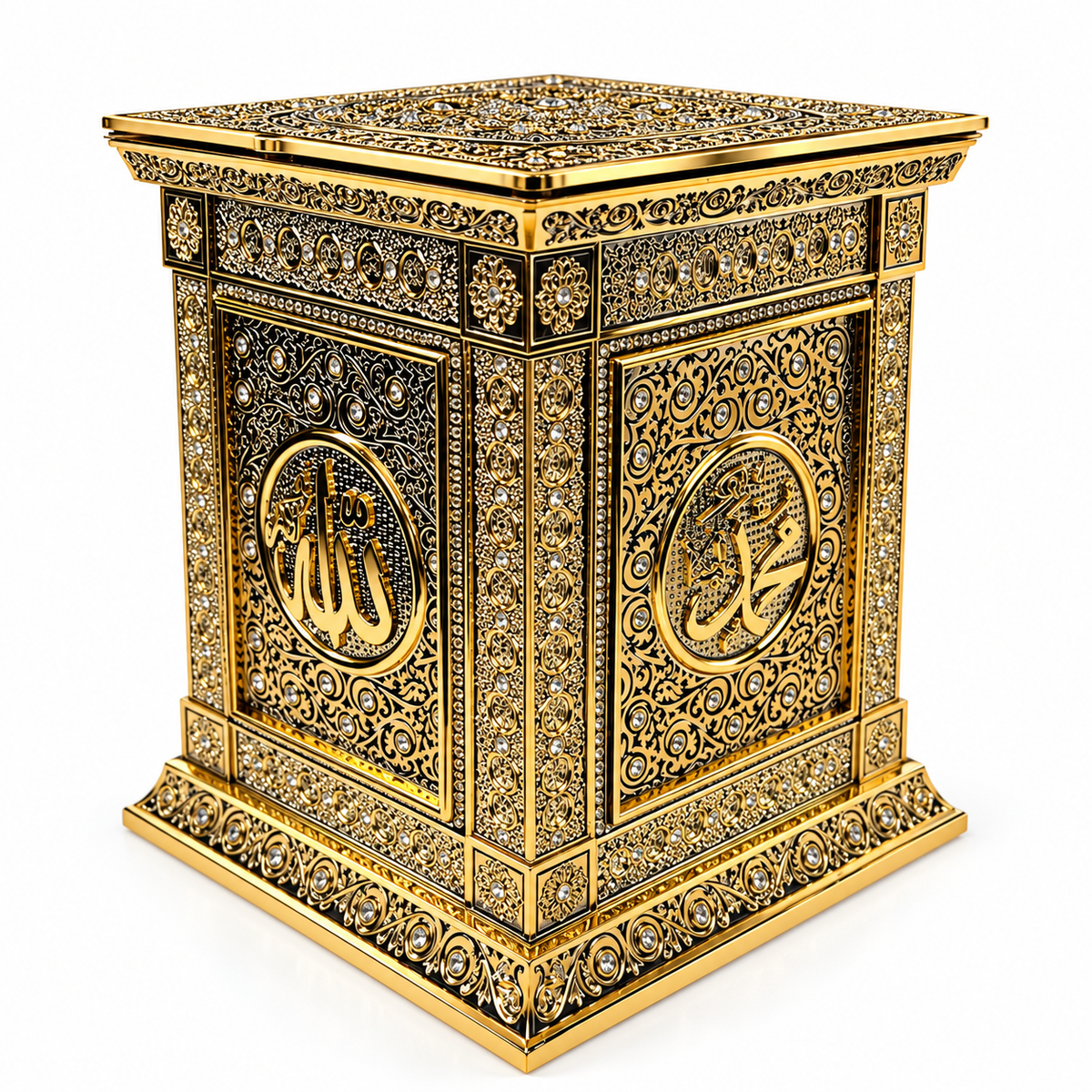 Geschlossene goldfarbene Geschenkbox mit arabischen Medaillons und Ornamenten in Seitenansicht