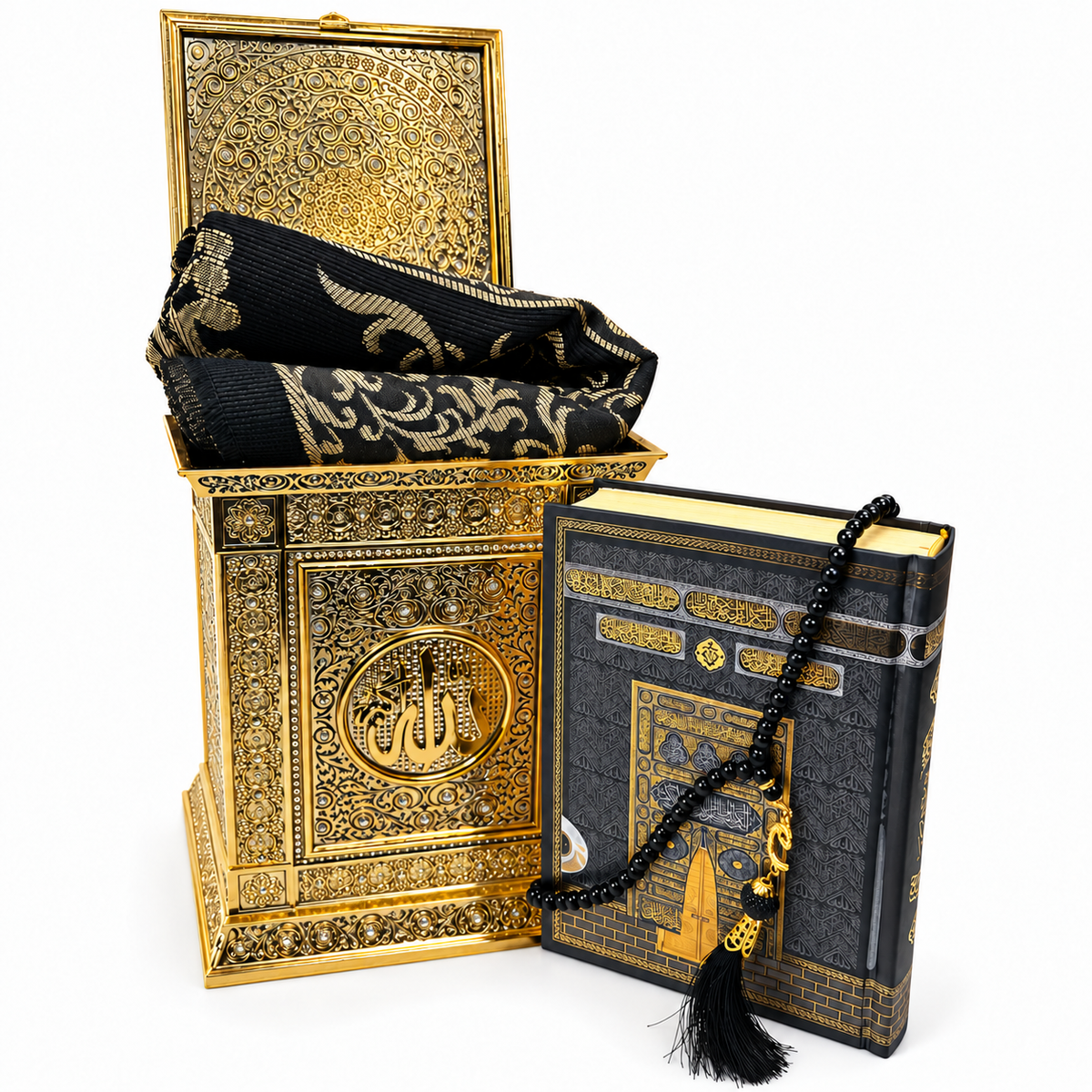 Koran-Geschenkset mit schwarz-goldenem Gebetsteppich in der offenen Truhe und Tesbih am Koran