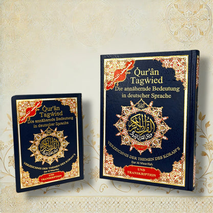Tajweed Koran – kleine und große Ausgabe mit blauem Cover und goldenen Verzierungen