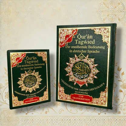 Tajweed Koran – Größenvergleich der kleinen und großen Ausgabe mit grünem Cover