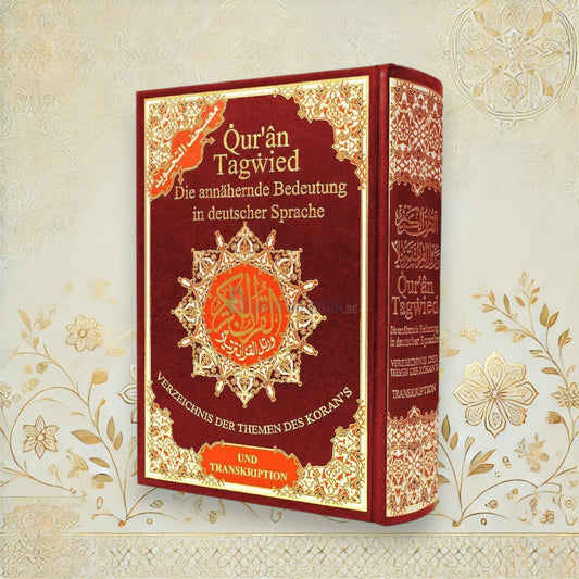Großer Tajweed Koran mit rotem Cover – deutsche Übersetzung und Transkription auf dem Einband