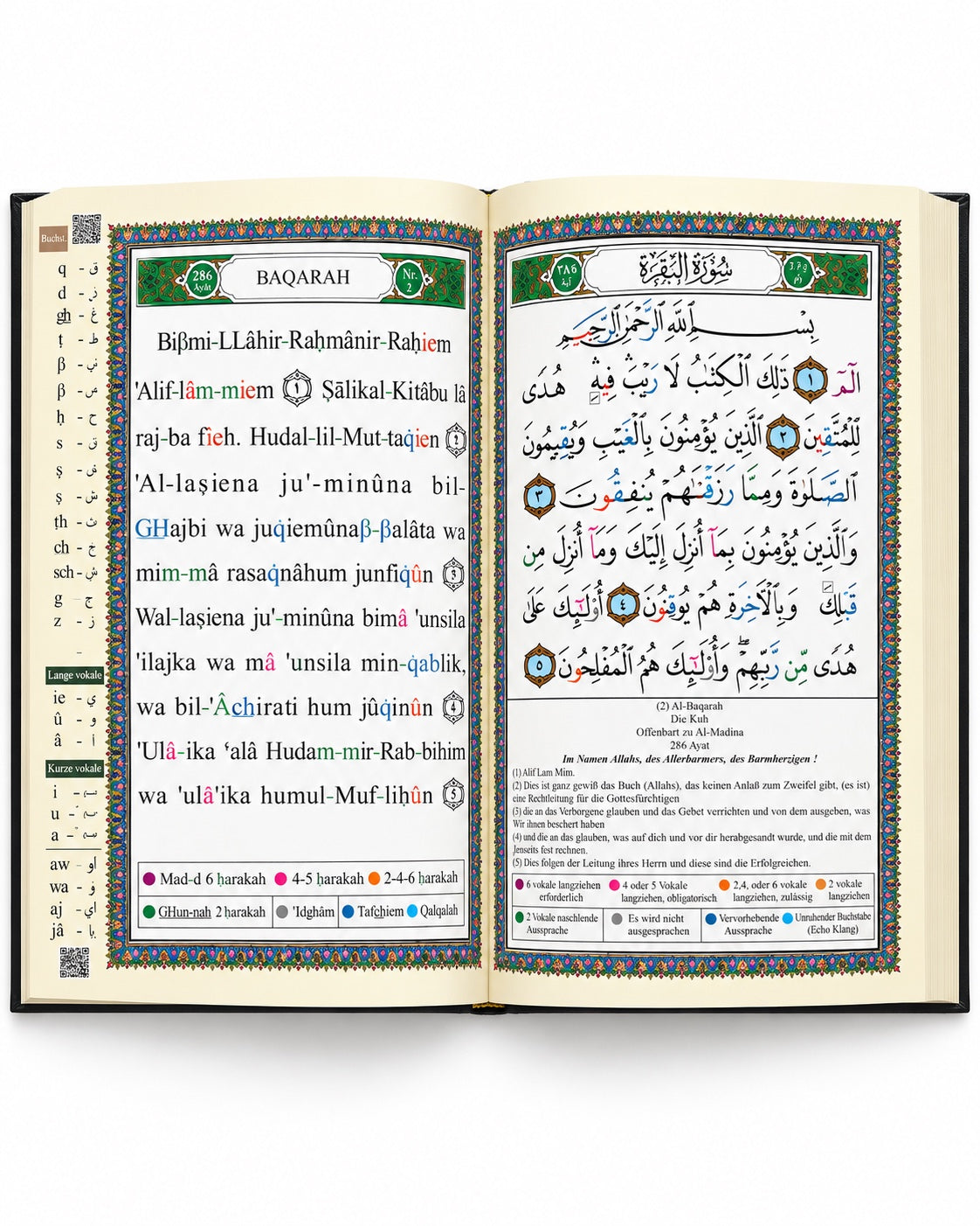 Tajweed Koran – Inhaltsbeispiel – Leseprobe Al-Baqara mit arabischem Text, deutscher Übersetzung und Lautschrift
