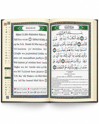 Tajweed Koran – Inhaltsbeispiel – Leseprobe Al-Baqara mit arabischem Text, deutscher Übersetzung und Lautschrift