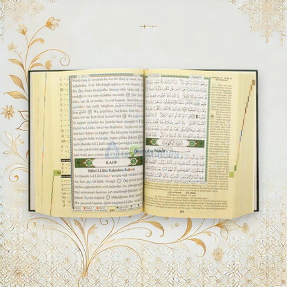 Aufgeschlagener Tajweed Koran mit arabischem Text, deutscher Übersetzung und Lautschrift