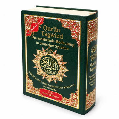 Kleiner Tajweed Koran mit deutscher Übersetzung und Lautschrift, 13 × 17 cm – grün stehend