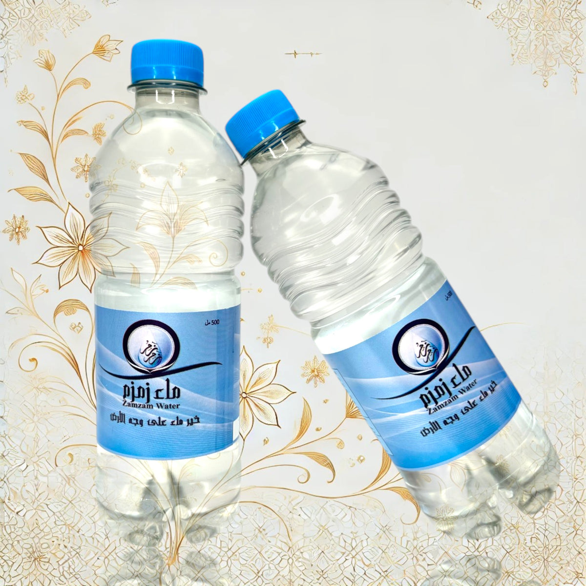 Zwei Zamzam-Wasserflaschen à 500 ml mit blauem Etikett